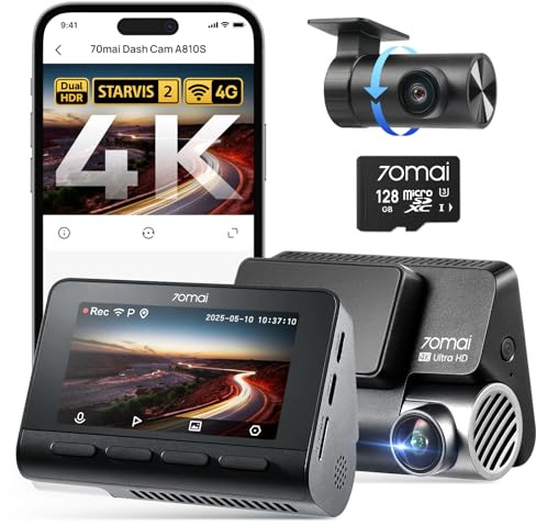 70mai 4K Dashcam Auto Vorne Hinten A810S, 4K+1080P Dual STARVIS 2 IMX678, HDR Auto-Dashcam mit Night Owl Vision, WiFi&App Steuerung, 4G LTE, ADAS, 24/7 Parküberwachung, 128GB Micro SD-Karte