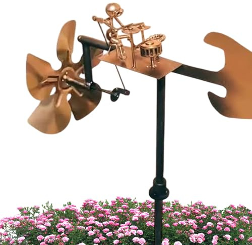 Handgefertigte Metall-Schlagzeuger-Windmühle, Windmühle, Gartendekoration, Percussionist-Musikfiguren, Kugel-Windwippe/Spinner aus blankem Metall, entworfen, um natürlich zu rosten