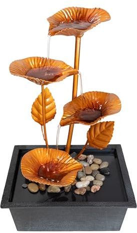 Lemodo Zimmerbrunnen Tischbrunnen mit Naturwasserfall, Dekobrunnen mit Metallblätter, Indoor Brunnen mit 4 Stufen, für Meditation Entspannung Wasserbrunnen Wohnzimmer Yoga Büro 21x20x33 cm