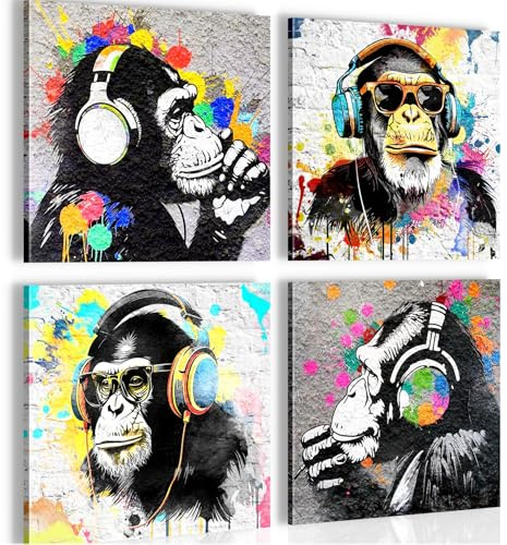 Novart Bilder Set Banksy Collage - KOMPLETT AUFHÄNGFERTIG - Grau Bunt Wohnzimmer Schlafzimmer Loft - 4 Moderne Wandbilder 30 x 30 cm - N034544a