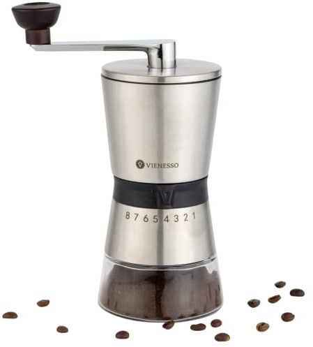 VIENESSO Manuelle Kaffeemühle mit 8 Mahlstufen – Edelstahl Handkaffeemühle mit Keramik Kegelmahlwerk für Espresso, Filter & French Press – Große Kaffee Handmühle für Zuhause & Büro