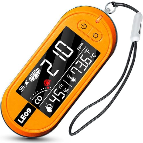 LSENLTY Tragbare CO-Detektoren unterstützen 500 Stunden Standby-Zeit, 3-in-1-CO-Detektor (Temperatur, Luftfeuchtigkeit und CO), Alarmfunktion und Lanyard-Design für Camping, Reisen, Autos, Orange