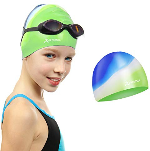 Badekappe für Kinder, Jungen und Mädchen im Alter von 5-12 Jahren, Bequeme Passform für langes und kurzes Haar,Blue & Green,L