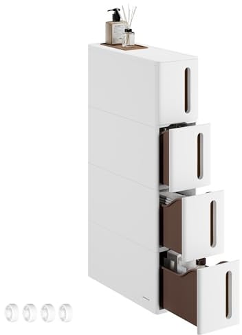 SONGMICS Nischenregal mit Rollen, 4 Schubladen, 17,3 x 45,2 x 84 cm | Rollwagen, schmales Badregal, Küchenregal, PP-Kunststoff, platzsparend, Wolkenweiß, DENNYS Kollektion KFR08WT