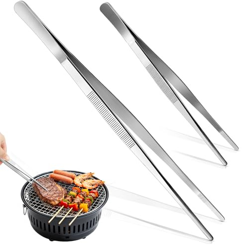 Kochpinzette 2 Stück Edelstahl, 20 cm und 30 cm Küchenpinzette mit gezahnter Spitze, Grillpinzette für Kochen, Grillen, Braten, BBQ und Anrichten