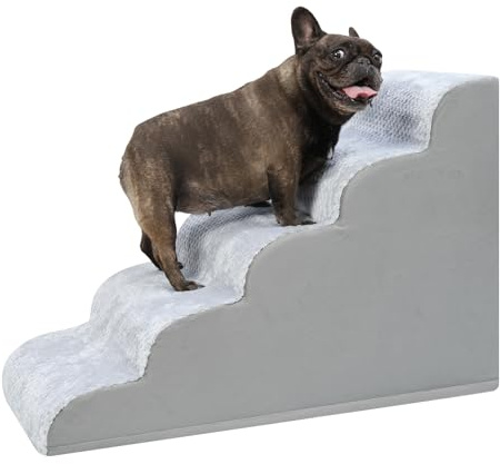KSIIA Hundetreppe für Kleine Hunde 57.5cm Hoch, 5 Stufen, Grau | Haustiertreppe für Bett, Couch, Sofa und Auto, Katzentreppe Hunderampe mit Waschbar Bezug, rutschfest Boden, 40x84x57.5cm