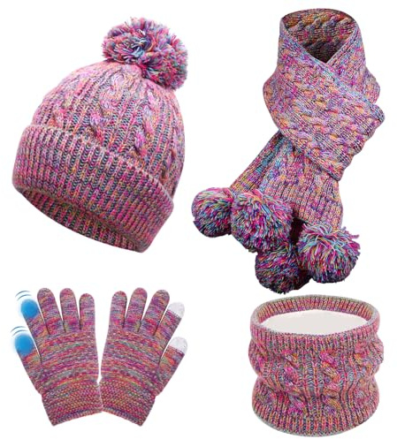 Wusboo Kinder Wintermütze Schal Handschuhe Set, Kinder Winter Bommel Strickmütze mit gefüttertem Halswärmer, Schal und Handschuhe 4-teiliges Set, elastische bequeme Mütze Mädchen Winter für 3–8 Jahre