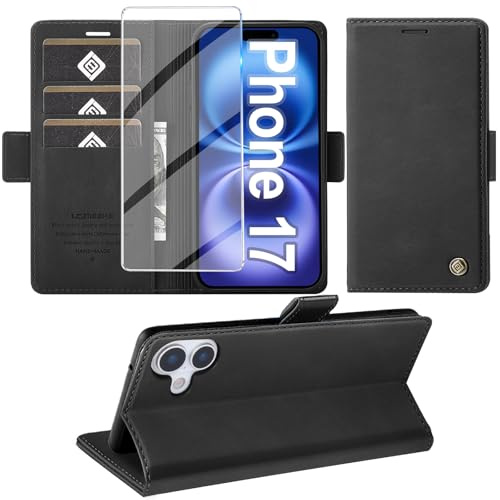 Giyer Handyhülle für iPhone 17 Hülle mit Schutzfolie, Standfunktion Kartenfach Wallet Premium Leder Schutzhülle für iPhone 17 5G 6.3 Zoll Flip Case Cover Stoßfeste Klapphülle (Schwarz)