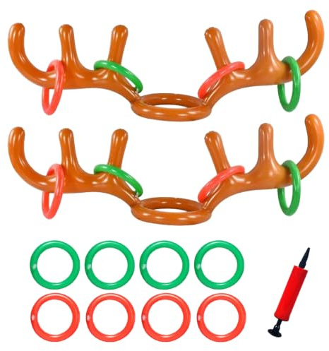 Weihnachten Aufblasbares Ringwurfspiel, Aufblasbares Rentier Party Wurfspiel mit 2 Weihnachten Aufblasbare Rentier Geweih Hut, 8 Ringe, 1 Luftpumpe, Weihnachte-n Wurfspielzeug für Familie und Freien