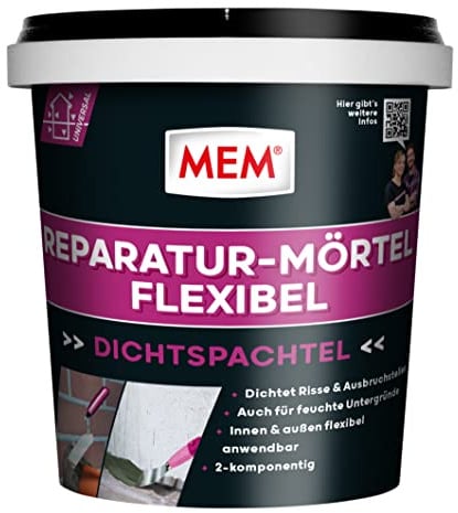MEM Reparaturmörtel Flexibel, Zweikomponentiger Spezialmörtel für Risse, Ausbruchstellen & Betonreparaturen, Innen & Außen, Hochflexibel, Frostbeständig, Grau, 1 kg Eimer