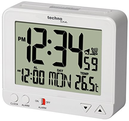 Digitaler Funkwecker WT195 mit Temperaturanzeige, LCD Display, automatischer Zeitumstellung, Alarm & Snooze Funktion, Nachtlicht & Lichtsensor, Kalender & Wochentag, batteriebetriebener Wecker, weiß