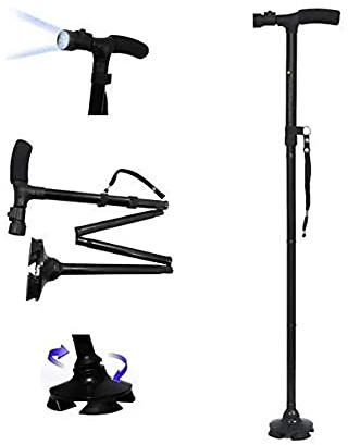 Plastific Gehstock, leicht höhenverstellbar, zusammenklappbar, ausziehbar, leicht, flexibel und langlebig, Gehhilfe, Mobilitätshilfe, zusammenklappbarer Gehstock (Schwarz - mit 6 LED-Lampen)