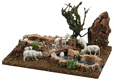 Ferrari & Arrighetti Flussabschnitt für Krippe mit Herde und Brücke, Bertoni Christmas Line, Holz und Kunststoff, Mehrfarbig, 26 x 18 x 15