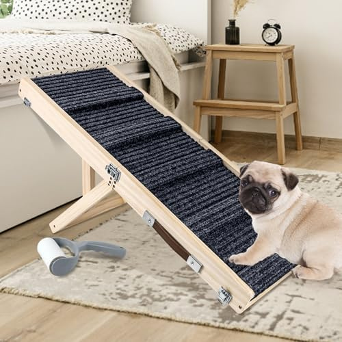 Umtiti Haustierrampe aus Holz, zusammenklappbar, tragbar, 4 Stufen, verstellbar, 22,9 cm bis 43,9 cm, mit Rutschfester 5 Pfoten-Traktionsmatte für kleine, mittelgroße Hunde.Dog Ramps-GY,DE