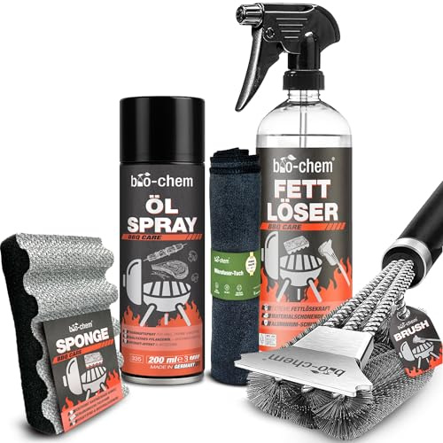 bio-chem Fettlöser Set 5-teilig für Grill & Küche | Mit 750ml Fettlöser, 200ml Anti-Haft Spray, Grillbürste, Schwamm und Mikrofasertuch