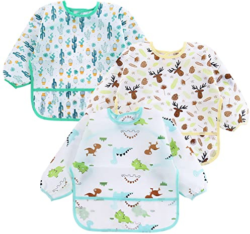 PandaEar 3 Pack Baby Lätzchen mit Ärmeln | Abwaschbar Ärmellätzchen Baby | Ganzkörper Lätzchen | Wasserdicht Babylätzchen Latz mit Ärmel für Baby Kleinkinder 6-24 Monate (Nur Handwäsche)