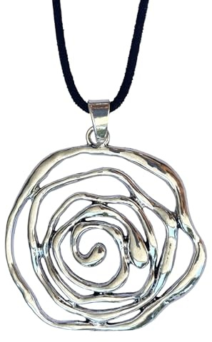 Lange Damenkette mit Spiralen Anhänger in silberfarbener Optik und schwarzem Velourslederband – Handgefertigter Schmuck mit Symbolik – Geschenkidee für Frauen – ASTER ALHELÍ
