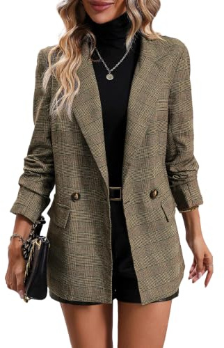 Mina Self 2025 Damen-Blazer mit Hahnentrittmuster und Karomuster, vollständig gefüttert, eleganter Business-Anzug, lässiger Büroanzug mit Taschen