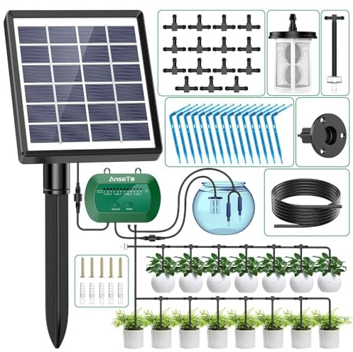 AnseTo Solar Bewässerungssystem für 2024 Neuestes Automatische Bewässerungscomputer für Garten, Balkon, Greenhouse Pflanzen, Kübelpflanzen im Freien mit 12 Timer-Modi und 15 Bewässerung Tropfschlauch