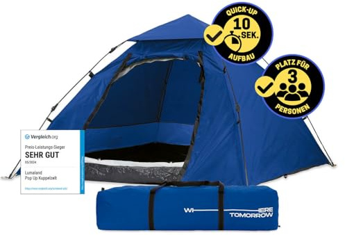 Lumaland Pop Up Camping Zelt | 2-3 Personen Kuppelzelt 215 x 195 x 120 cm| 4 Jahreszeiten Igluzelt | Outdoor Trekking & Festival Wurfzelt | Leicht, Wasserdicht & Robust | Aufbau simpel, schnell