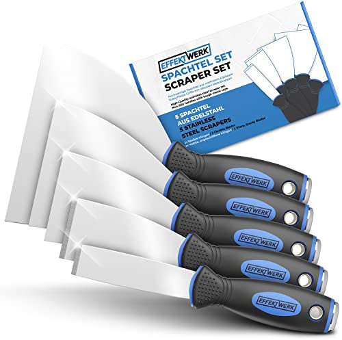 EFFEKTWERK Profi Spachtel Set - 5tlg Spachtel aus rostfreiem Edelstahl - 2x stabil zum Tapeten entfernen mit Anschliff & Metallplatte - 3x flexible Malerspachtel - Maler Werkzeug Spachtelset