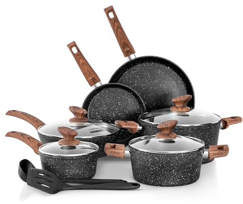DishDelight Topfset Pfannenset Induktion Töpfe Set 12-teilige Granit-Antihaftbeschichtung Kochtopf Topf Pfannen für Induktionsherd Bratpfanne mit Glasdeckeln