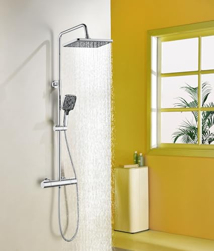 Duschsystem mit Thermostat,Duscharmatur Komplettset mit 3 Strahlarten Handbrause, Duschset Quadratisch Regendusche Duschkopf 88-125cm Duschstange Regendusche mit Armatur 30X20cm Uberkopfbrause(Chrom)