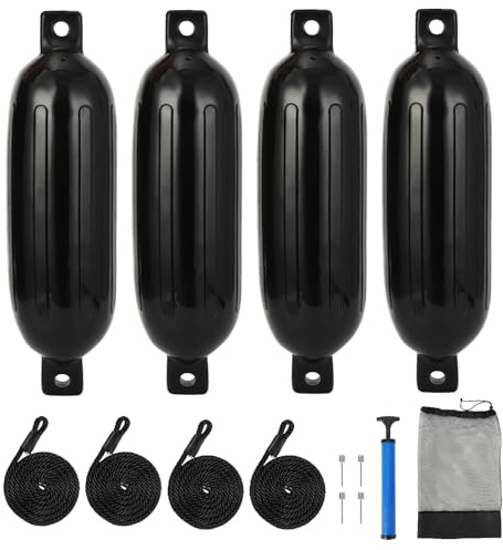 Garvee 4er Set Bootsfender Aufblasbar Mit Seilen, Luftpumpe & Tasche – Fender Für Boote 10–37 ft, Boot Puffer Anlegeschutz Für Yacht, Angelboot & Dock, Schwarz, 11.4 × 40.6 cm