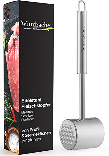 Winzbacher Edelstahl Fleischklopfer mit [2 Schlagflächen] Schnitzelklopfer | Spülmaschinenfest | Fleischhammer und Plattiereisen für Schnitzel, Koteletts und Steaks, glatte und genoppte Schlagfläche