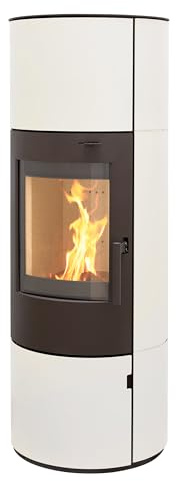 Kaminofen Legierter Stahl, München XL Stahl Creme weiß 7kw Speicherofen Panoramatür Holzofen Dauerbrand geeignet Schwedenofen 150mm Abgasstutzen selbstschließende Tür (Bauart 1)
