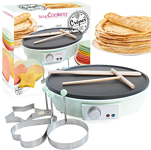 ScrapCooking - Crepes Maker - Ø28 Elektrische Crepe-Maschine - Crepe Factory - Pfannkuchen - Mit Antihaft-Heizplatte, Rechen, Spatel & 3 Crepe Art Formen - Wassergrün - 3899