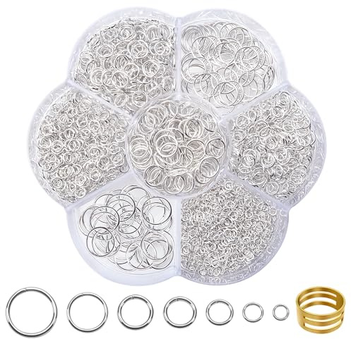 TOAOB 2300 Stück Biegeringe Silber 3mm bis 10mm 7 Größen Spaltringe | Metallringe zum Basteln für Kettenanhänger, mit Ring Öffner, Jump Ringe für Halsketten Armband, DIY Schmuckherstellung