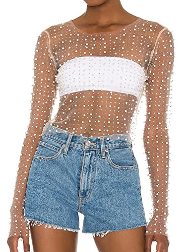 Naileksi Damen-Bluse mit Perlen und Strasssteinen, durchsichtig, sexy, durchsichtig, langärmelig, schmale Passform, bauchfreie Bluse, Hemd, Clubwear