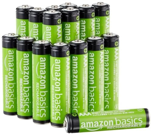 Amazon Basics 16er-Pack wiederaufladbare AAA-NiMH-Leistungsbatterien, 800 mAh, 1,2 V, bis zu 1000x wiederaufladbar, vorgeladen