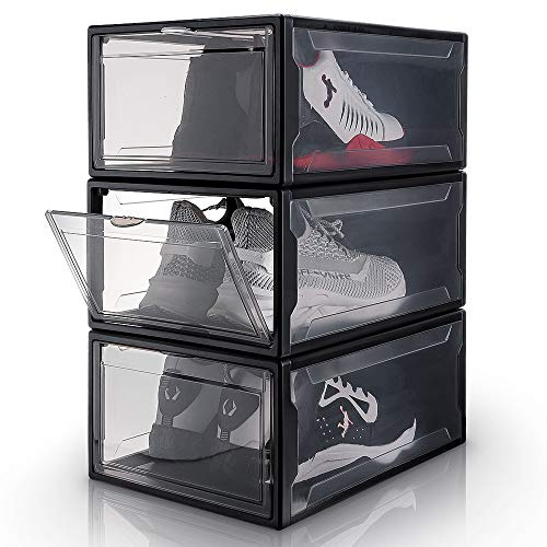 Yorbay 3er Set Stapelbare Schuhbox: 37 x 26 x 16 cm bis Größe 48 | Schwarz Schuhorganizer aus Kunststoff mit Durchsichtiger Tür - Platzsparende Schuhaufbewahrung - für Flur Schlafzimmer