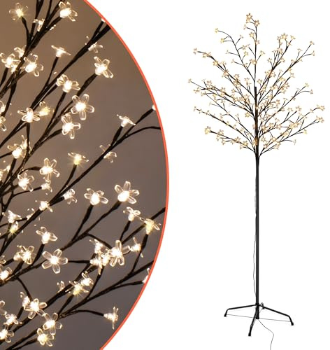 Spetebo Kirschblüten Baum für Außen mit 180 LED Blüten - H 180 cm - Sakura Lichterbaum warm weiß beleuchtet mit IP44 Netzstecker - Garten Deko Weihnachtsbeleuchtung Japanischer Blütenbaum
