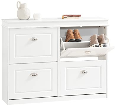 SoBuy Schuhschrank Schmal mit 4 Klappen - Schmaler Schuhkipper mit 8 Ablagen, Verstellbares Schuhregal für Diele, Flur & Eingangsbereich - Flurschrank mit Kippsicherung 105x82x24cm Weiß FSR79-W