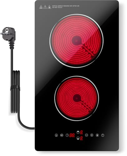 GRACEALL Glaskeramikkochfeld 2 Kochzonen 3000W 30 cm, Domino Elektrokochfeld Einbau oder freistehend mit Stecker, Timer, Pause, Warmhaltefunktion & Kindersicherung, ND-BT1