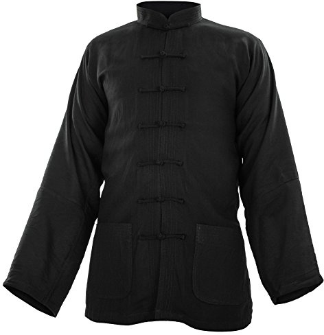 Baumwolle (Leicht) Kung Fu & Tai Chi Shirt Stehkragen Langarm - Taiji Anzug Schwarz 185