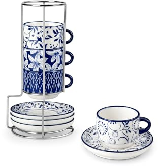 vancasso Espressotassen Set, SELENE Espresso Tassen Set mit Untertasse & Ständer, Stapelbar Dickwandig Kaffeetassen aus Porzellan für Cappuccino, Latte und Tee, Vintage blau-weiß (4 x 90 ml)