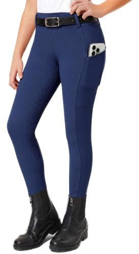FitsT4 Sports Reithose Kinder Mädchen Reitleggings Reiterhosen Silikon Vollbesatz Reiten Hosen Sommer mit 2 Seitlichen Taschen und Gürtelschlaufen,Marineblau,XS