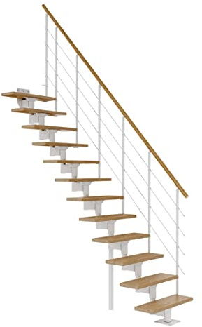 DOLLE Boston Treppe mit Mittelholm, 228–300 cm, 70-cm-Stufen, gerader Lauf | Raumspartreppe innen, volle Eichenstufen lackiert, Einzelstabgeländer mit Holzhandlauf, Unterkonstruktion weiß