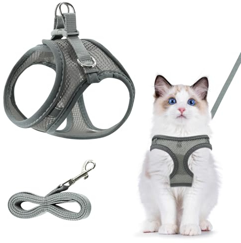Atmungsaktiv Katzen Geschirr, Grau Reflektierend, Verstellbar, XS | Weiches Mesh-Design, Brustnaher Sitz Gegen Herausschlüpfen, Leine für Spaziergänge, Einfache Anpassung Am Hals