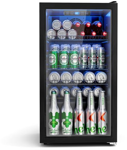 JUMMICO 90L Premium Getränkekühlschrank mit Design-Glastür: 125 Dosen Kapazität, Verstellbare Regale & Kompakt-Design – Perfekt für Bar, Büro und als stilvoller Haushaltskühlschrank