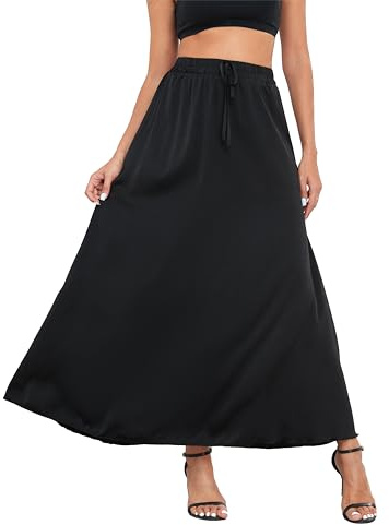VOGMATE Rock Lang Damen Elegant A Linie Röcke Elastische Taille Freizeitrock Maxirock Mit Kordelzug Einfarbig Long Skirt Schwarz L