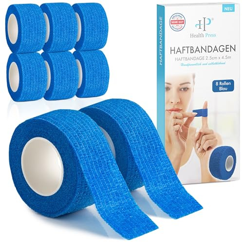 Health Press Fingerpflaster Selbsthaftend – 8x Pflaster Rolle (2,5cm x 4,5m) – Verband Selbstklebend – Elastisches Tape wasserfest – Staub-, Fett- & Schmutzabweisendes Pflasterband (Blau, 8 Rollen)