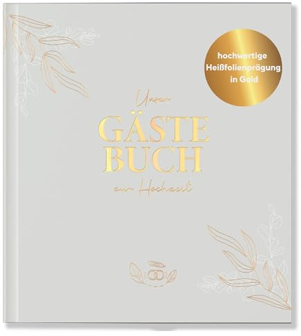 LEAF & GOLD® Gästebuch Hochzeit I Edles Hochzeitsgästebuch mit Fragen I Gästebuch zum Ausfüllen mit Goldfolienprägung (Weiß, Gold)