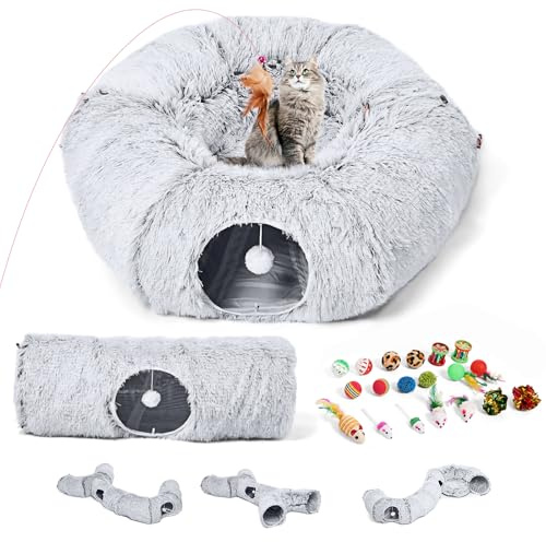 Odoland Katzentunnel große Katzen, Faltbar Flauschig Katzentunnel Rund mit Schlafplatz für Indoor Haustiere, Cat Tunnel Large Cats Katzenspiel-Donut-Bett Katzenspielzeugtunnel