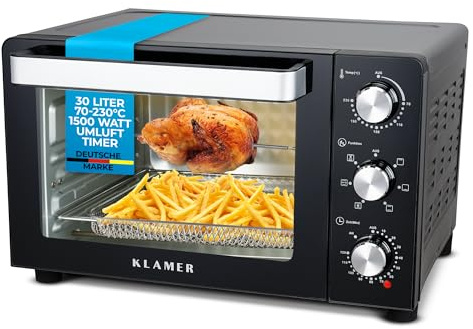 KLAMER Minibackofen mit Umluft (30 Liter), 6 Backfunktionen, 70-230°C, 120 min. Timer, Mini-Ofen inkl. Drehspieß, Grillgitter, Grillrost und Krümelblech, 1.500 W, Pizza Ø30cm, Schwarz