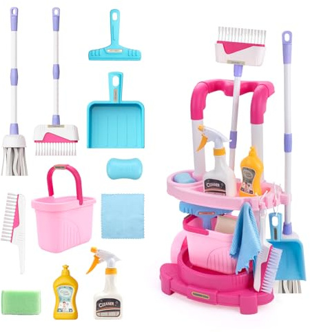 Jenilily Kinder Putzwagen ab 2 3 4 Jahre mit Wischmop, Eimer, Besen, Bürsten, Kehrschaufel, Handfeger, Reinigungswagen Set, Rollenspiel Haushaltsspielzeug, Cleaning Toy